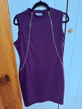 Calvin Klein Deep Purple Sleeveless Sheath Dress with Gold Zippers
